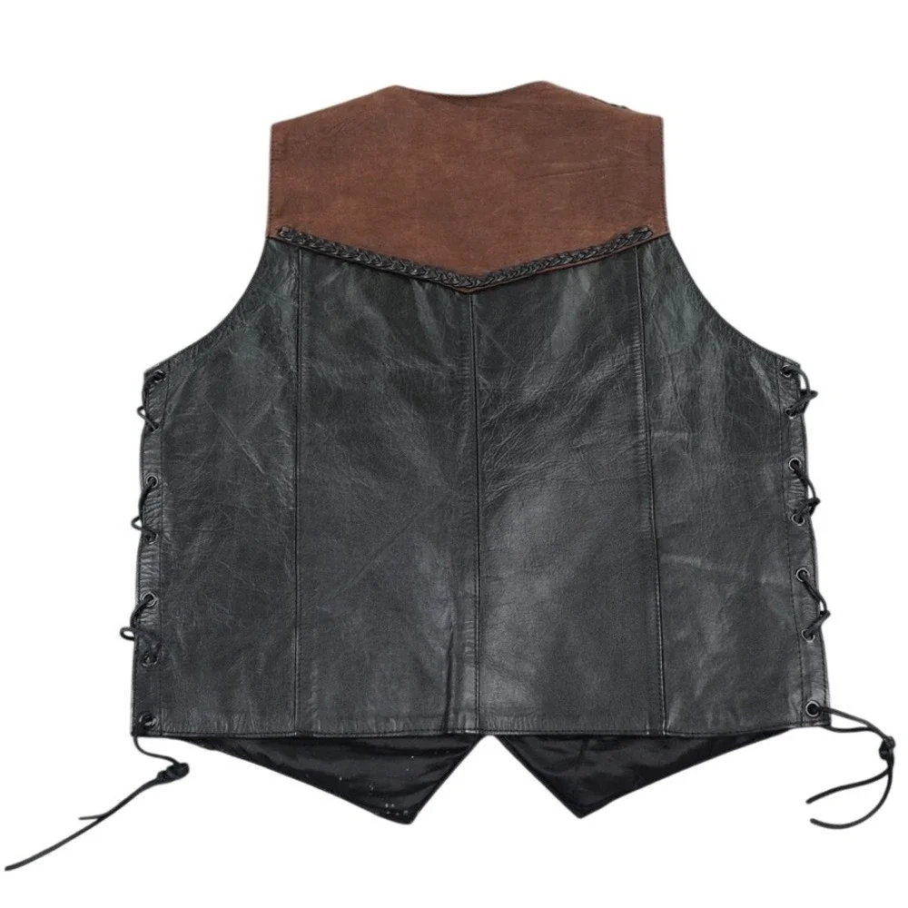 Leather King Motorcycle Vest Mens Medium Black Brown Suede Lace Up Biker Western